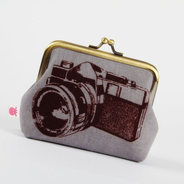 Metal frame purse - Camera on grey - Deep dad / Urban boho / Retro camera vintage inspired photo / pink gray black / Echino Ni Co