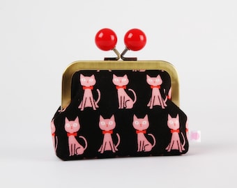 Metal frame coin purse with color bobble - Pink cats on black - Color dad / Japanese fabric / Kisslock fabric wallet / cats with bowties