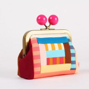Metal frame coin purse with color bobble - Patchwork stripes and logs - Colorway A - Color dad / Kisslock fabric wallet / One of a kind