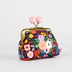 Metal frame coin purse with color bobbles - Petite garden party burgundy - Color mum / Rifle Paper /  kisslock fabric wallet