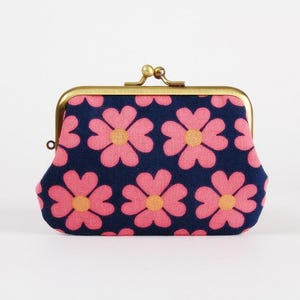 Metal frame purse with two sections - Heart flowers canvas in navy - Little siamese / Kisslock fabric wallet / Jen Hewett