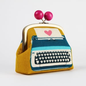 Metal frame clutch bag - Typewriter in cactus - Color wooden bobble purse /  Kisslock cosmetic case / yellow blue pink / Melody Miller