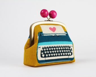 Metal frame clutch bag - Typewriter in cactus - Color wooden bobble purse /  Kisslock cosmetic case / yellow blue pink / Melody Miller