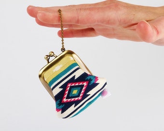 Coin purse keychain - Aztec stripes - Cutie purse / Kiss lock mini purse / Japanese fabric / geometric fabric green pink