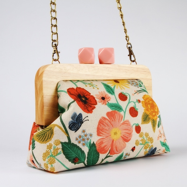 Wooden frame clutch bag with chain strap - Botanical floral in natural  - Color wooden trip purse / Rifle Paper  / Fabric crossbody bag