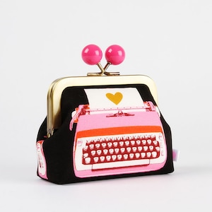 Porte-monnaie rétro à fermoir métallique - Machine à écrire en noir et rose - Color dad / Petite trousse d'inspiration vintage / orange