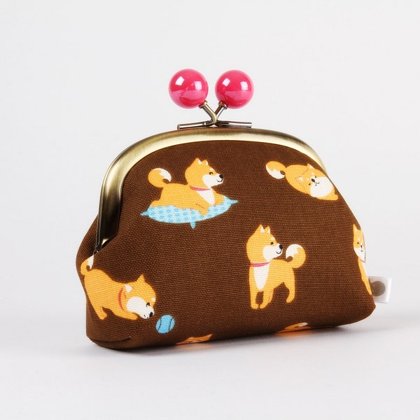 Metal frame coin purse with color bobbles - Shiba in brown - Color smile / Kisslock fabric wallet / Kawaii japanese fabric / Cute dogs