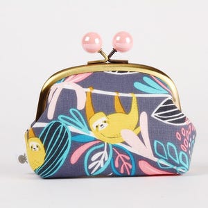 Metal frame coin purse with color bobbles - Lazing sloths in pink - Color smile /  Kisslock fabric wallet / Tropical forest / Yellow blue