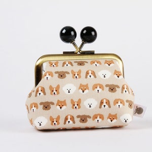 Metal frame coin purse with color bobbles - Tiny dogs faces - Color mum / Kisslock fabric wallet / Clasp purse