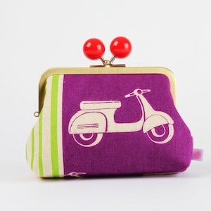 Kiss lock fabric wallet with color bobble - Scooters on purple - Big pop-up / Double metal frame purse / Two sections wallet / Echino