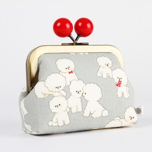 Metal frame coin purse with color bobble - Poodles on gray - Color dad / Kisslock fabric wallet / Japanese fabric / little dogs