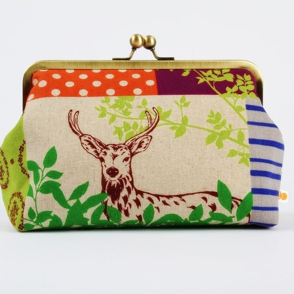 Cosmetic pouch - Echino forest patchwork in bright - metal frame clutch bag