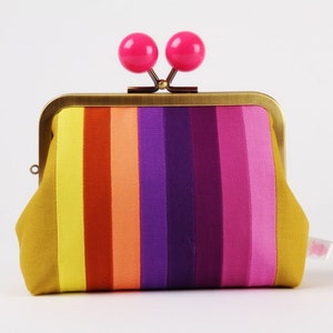 Kiss lock fabric wallet with color bobble - Fall sunset stripes - Big pop-up / Double metal frame purse / Two sections wallet / Rainbow