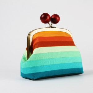 Metal frame clutch bag - Horizon stripes - Color wooden bobble purse / Kisslock fabric purse / Rainbow patchwork purse