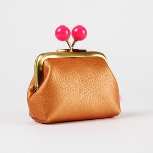 Metal frame coin purse with color bobbles - Pearly copper - Color mum in textured faux leather / Kisslock wallet