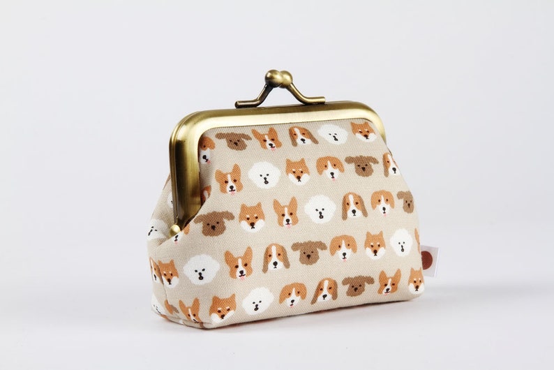 Big mum Korean fabric Kawaii dogs gray beige brown white Tiny puppy faces Little kisslock purse