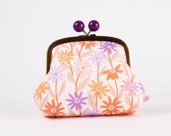 Metal frame clutch bag - Flower stems on cream - Color bobble purse / Kisslock pouch / Clasp cosmetic purse / Butterfly fields