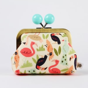 Metal frame coin purse with color bobble - Tropical birds - Color dad / Kisslock fabric wallet / Clasp frame purse