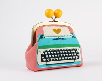 Metal frame clutch bag - Typewriter in merry - Color wooden bobble purse /  Kisslock cosmetic case / turquosie pink / Melody Miller