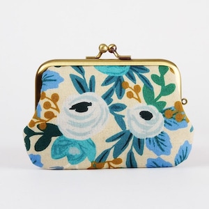 Metal frame purse with two sections - Rosa in blue canvas - Little siamese /  Clasp wallet two compartments / Rifle Paper fabric