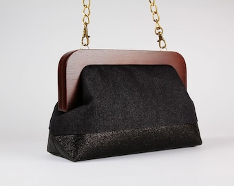 Wooden frame clutch bag with chain strap - Dark denim and glittering black - Trip purse with faux leather bottom / Shiny kisslock pouch