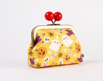 Metal frame coin purse with color bobble - Ghosties on orange - Color dad / Kisslock fabric wallet / Kawaii halloween fabric