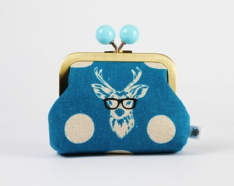 Metal frame coin purse with color bobble - Buck in turquoise - Color dad / Japanese fabric / Kisslock fabric wallet / deer with glasses