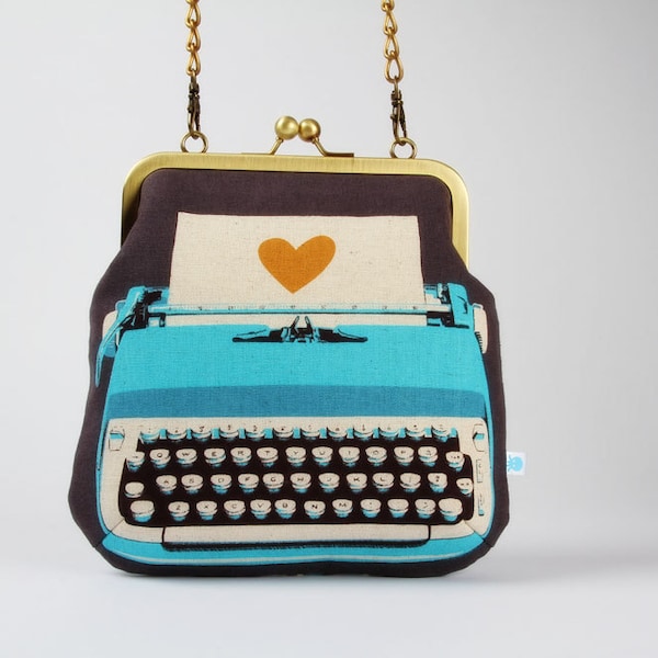 Clutch bag - Typewriter in blue - metal frame purse with shoulder strap