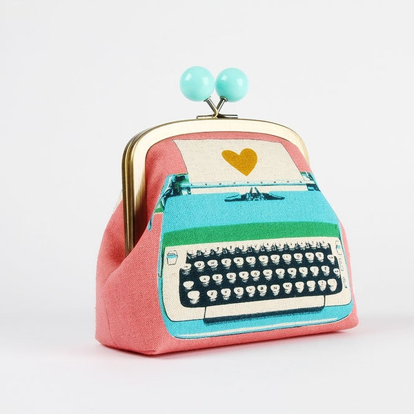 Metal frame clutch bag - Typewriter in Merry - Color bobble purse / Melody Miller / Kisslock fabric pouch / Pink turquoise green