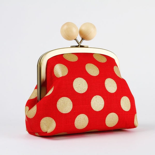 Metal frame clutch bag - Golden dots on red - Color wooden bobble purse / Kisslock fabric wallet / Linen fabric / metallic gold