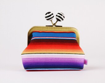 Metal frame coin purse with color bobble - Mexican stripes in blue and purple - Color dad / kiss lock fabric wallet