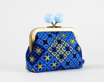 Metal frame coin purse with color bobble - Tiles in blue black and glittering gold - Color dad / Kisslock fabric wallet / Wax fabric