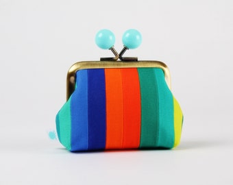 Metal frame coin purse with color bobbles - Oasis stripes - Color mum / Rainbow patchwork wallet / Little coin purse