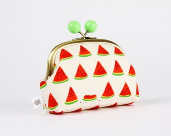 Metal frame coin purse with color bobbles - Watermelon slices on off white - Color smile / Kisslock fabric wallet / Kawaii japanese fabric