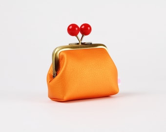 Metal frame coin purse with color bobbles - Pearly orange - Color mum in textured faux leather / Kisslock wallet