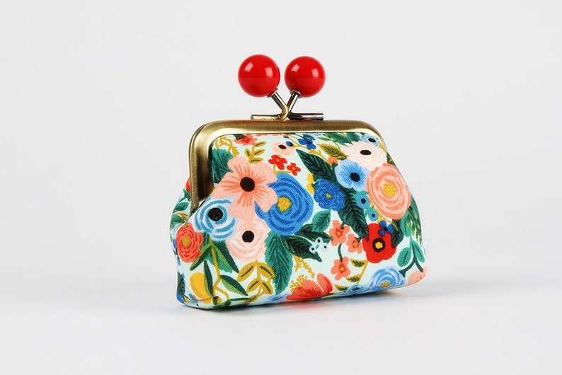 Metal frame coin purse with color bobbles Petite garden party in blue Color mum / Rifle Paper / kisslock fabric wallet / red flowers image 1