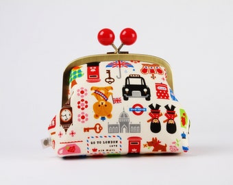 Metal frame clutch bag - London - Color bobble purse /  Kisslock cosmetic case / kawaii japanese fabric