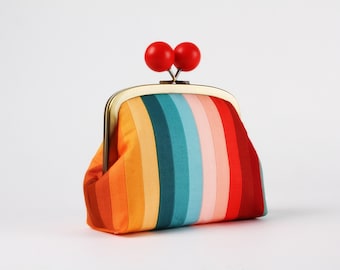 Metal frame clutch bag - Desert sunset stripes - Color wooden bobble purse / Kisslock fabric purse / Rainbow patchwork purse