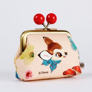 Metal frame coin purse with color bobbles - Bambi face on peach pink - Color mum / Japanese fabric / Kisslock small wallet