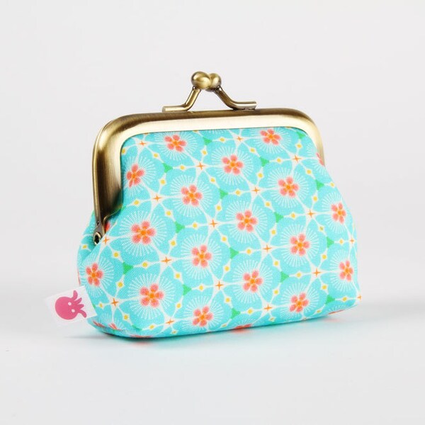 Metal frame change purse - Fleurs Mont Fuji - Deep mum / Madame Mo / turquoise blue coral pink green / cherry flowers / japanese inspiration