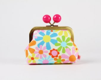 Metal frame coin purse with color bobble - Flowers multi - Color dad / Lysa Flower / kisslock fabric wallet / Blue pink yellow green