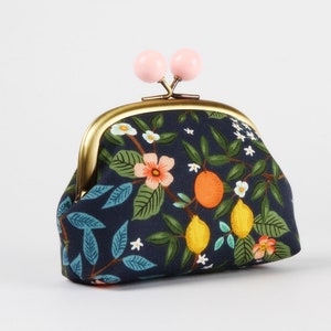 Metal frame coin purse with color bobbles - Citrus grove in navy - Color smile / Rifle Paper Co / Kisslock fabric wallet / Orange lemon