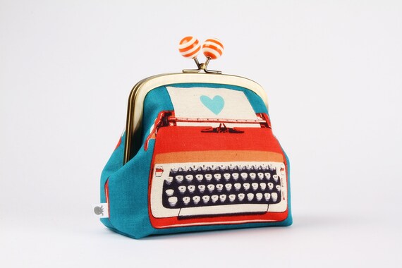 Metal Frame Clutch Bag Typewriter in Blue Color Bobble Purse