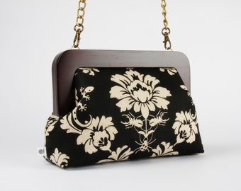 Wooden frame clutch bag - Gothic black - Trip purse / Echino japanese fabric / Toiletry bag / black damask / Shoulder strap