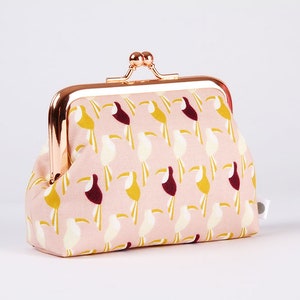 Clasp frame purse - Mini toucan on light pink - Big dad rosegold / Kisslock fabric wallet / Coin pouch / Purple pink yellow birds