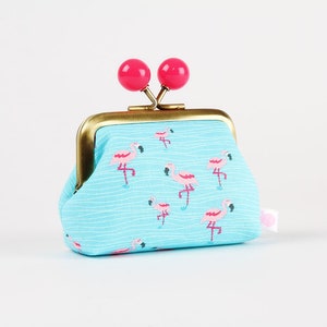 Metal frame coin purse with color bobbles - Mini flamingo in the water - Color mum / Cute fabric wallet / Little coin purse / Tropical