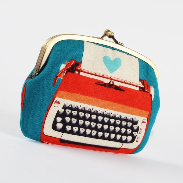 Metal frame purse with two sections - Typewriters in blue and red - Maxi siamese / Retro vintage inspired / Modern / Peach grey medium blue
