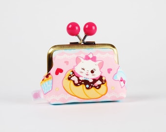 Metal frame coin purse with color bobbles -  Mary the Aristocat  - Color mum / japanese fabric / Kisslock small wallet / pink turquoise