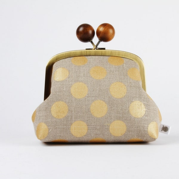 Metal frame clutch bag - Big golden dots on natural linen - Color wooden bobble purse / Kisslock cosmetic case / minimalist clutch