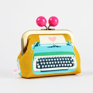 Metal frame coin purse with color bobble - Typewriters in cactus and pink - Color dad / Kisslock fabric wallet / Melody Miller / yellow blue